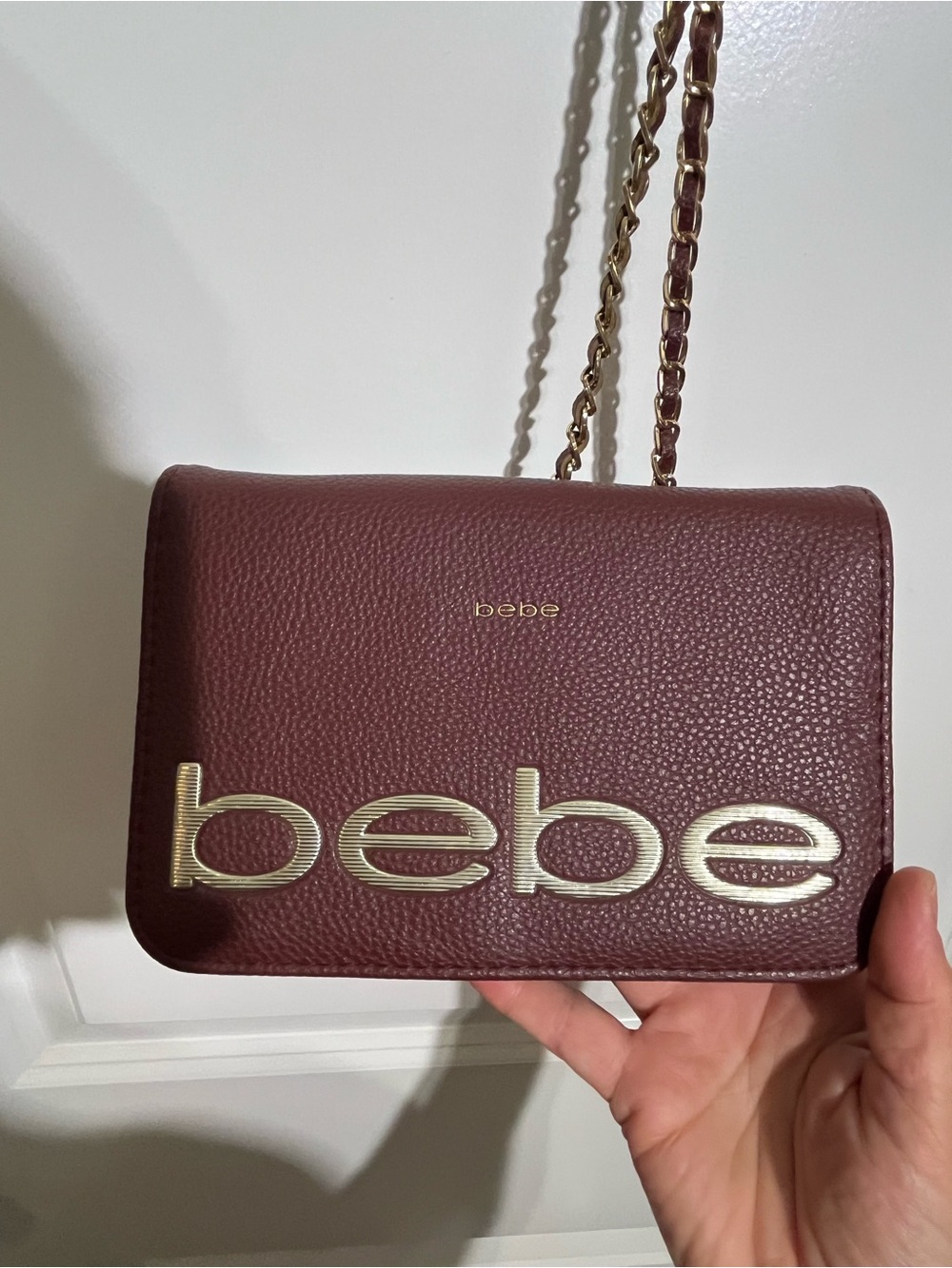 bebe Burgundy Crossbody Bag with Gold Logo & Chain